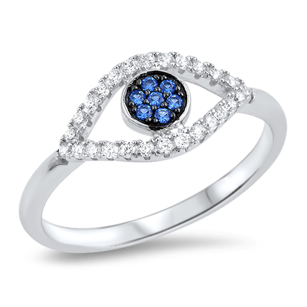 Evil Eye Blue Sapphire CZ Micro Pave Ring .925 Sterling Silver Band Sizes 5-10