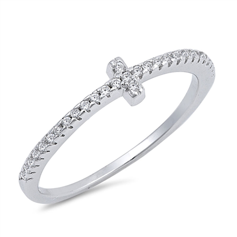 Clear CZ Sideways Cross Stackable Ring New .925 Sterling Silver Band Sizes 2-10