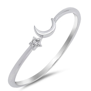 Cute Thin Crescent Moon Star Space Sterling Silver Ring Sizes 1-13