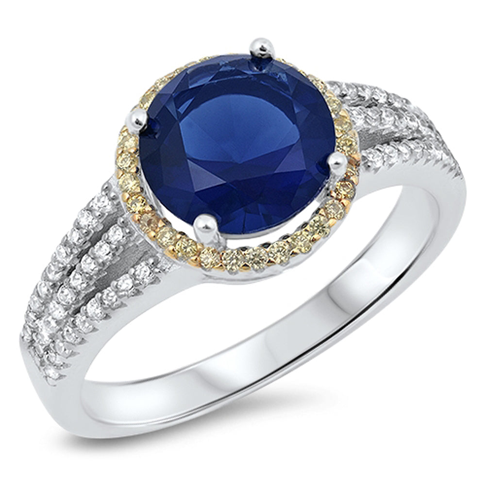 Round Blue Sapphire CZ Gold-Tone Halo Ring .925 Sterling Silver Band Sizes 5-10