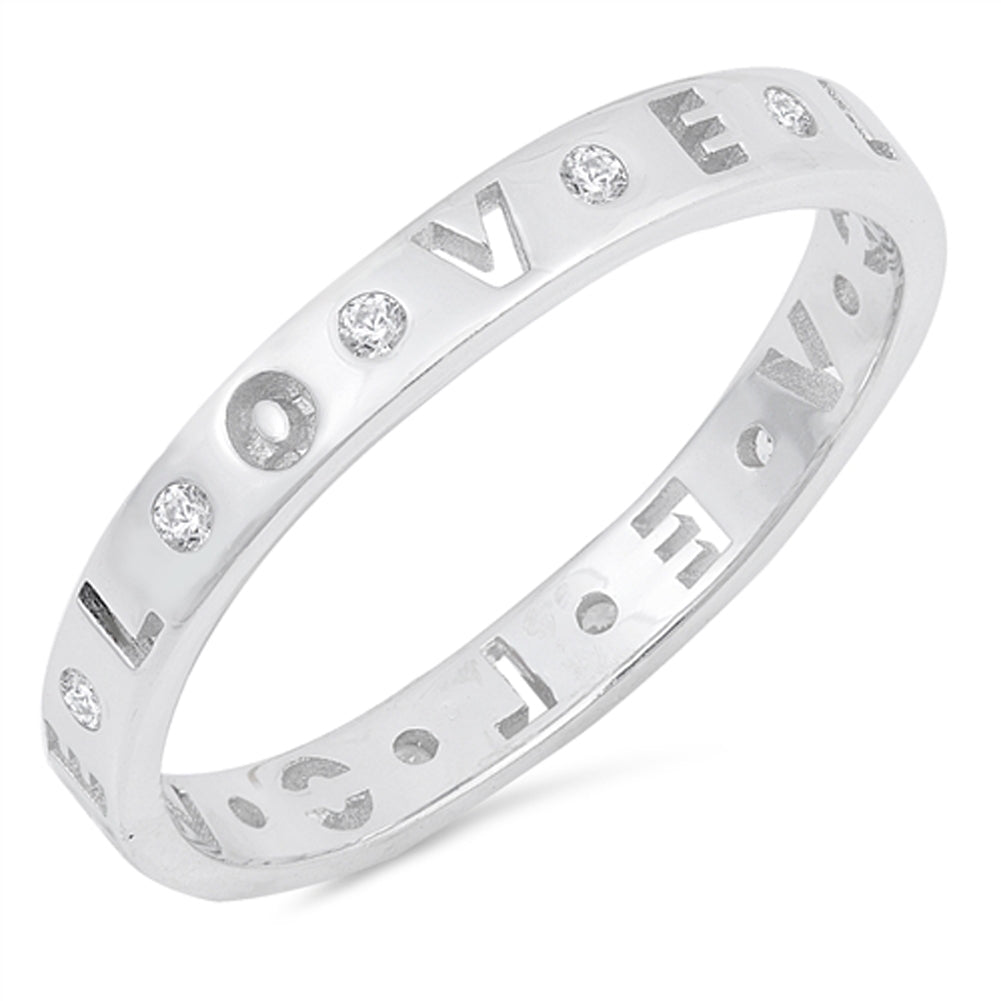 Clear CZ Love Script Stackable Promise Ring .925 Sterling Silver Band Sizes 4-10