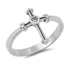 Solitaire Clear CZ Heart Cross Ring Sterling Silver Christian Band Sizes 4-10