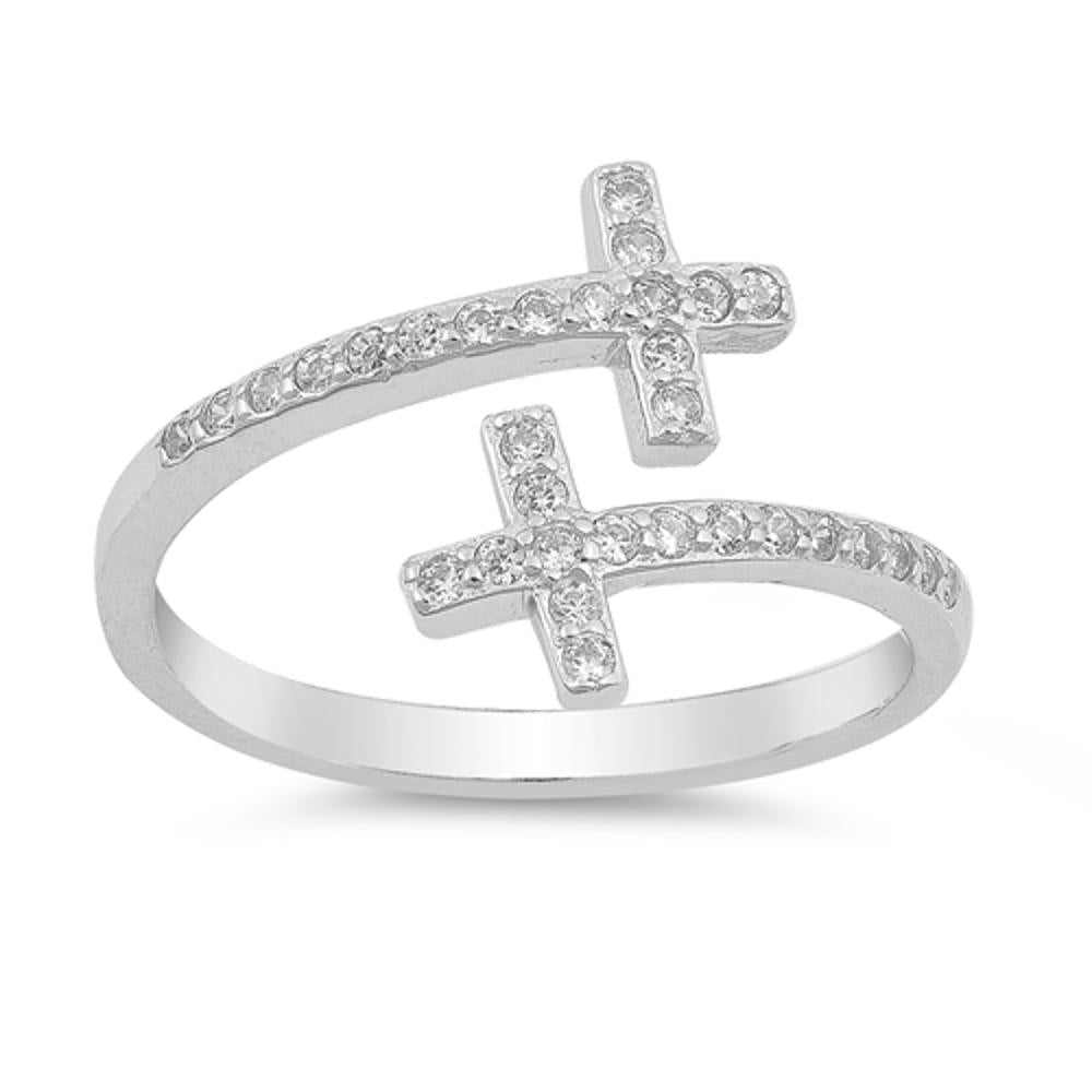 Studded Double Cross Open Wrap Ring New .925 Sterling Silver Band Sizes 4-10