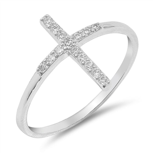 Clear CZ Cross Wide Bar Christian Ring New .925 Sterling Silver Band Sizes 4-10