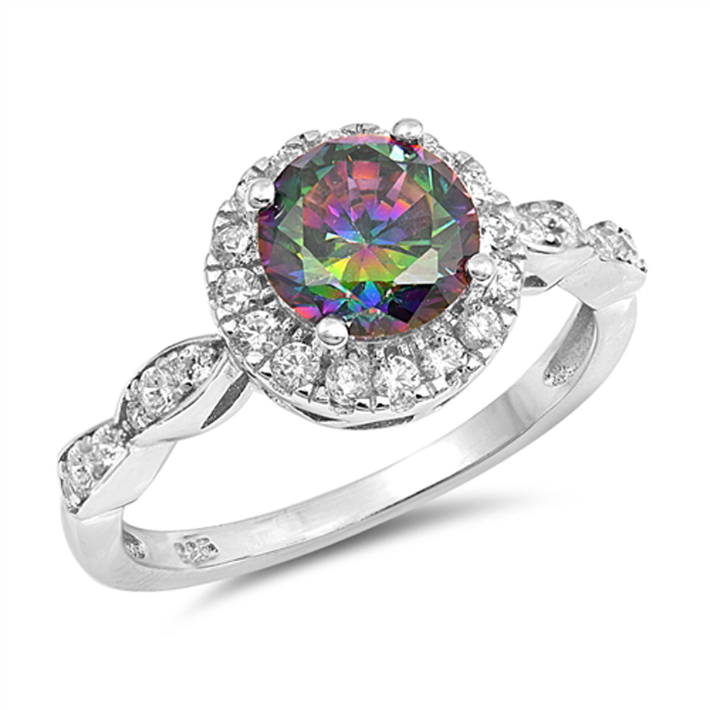 Rainbow Topaz CZ Round Halo Engagement Ring .925 Sterling Silver Band Sizes 5-10