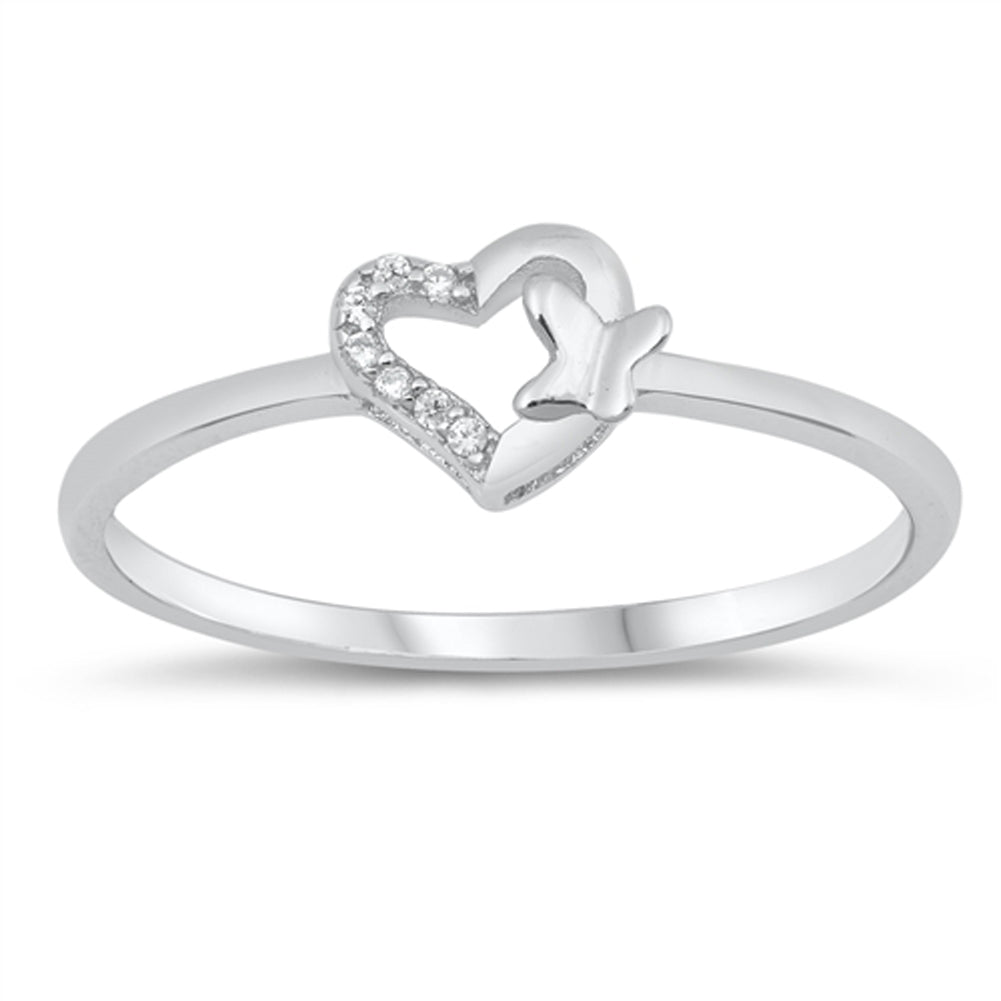 Clear CZ Heart Butterfly Dainty Promise Ring 925 Sterling Silver Band Sizes 4-10