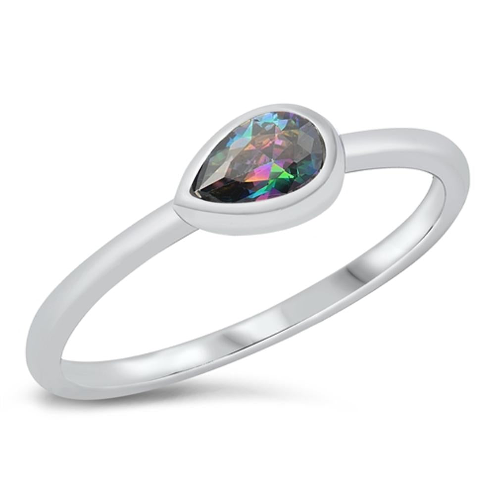 Sideways Rainbow Topaz CZ Teardrop Ring New .925 Sterling Silver Band Sizes 4-10