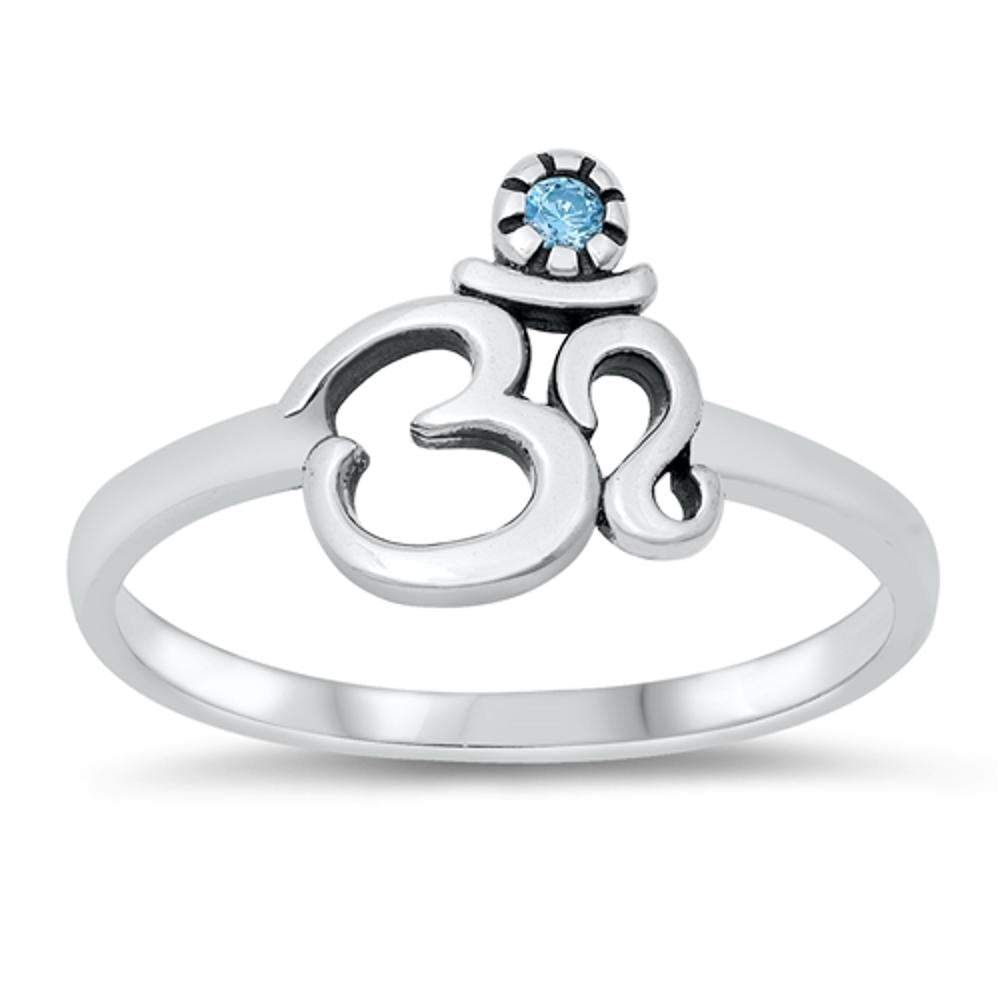 Elegant Ohm Meditate Ring Om Blue Topaz CZ .925 Sterling Silver Band Sizes 3-10