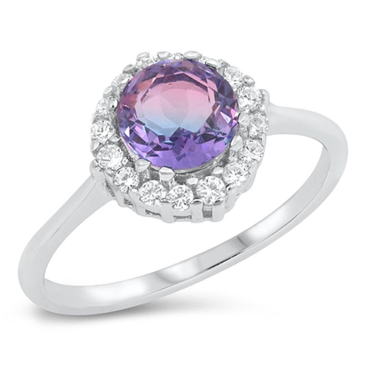 Elegant Purple Rainbow CZ Halo Promise Ring .925 Sterling Silver Band Sizes 4-10