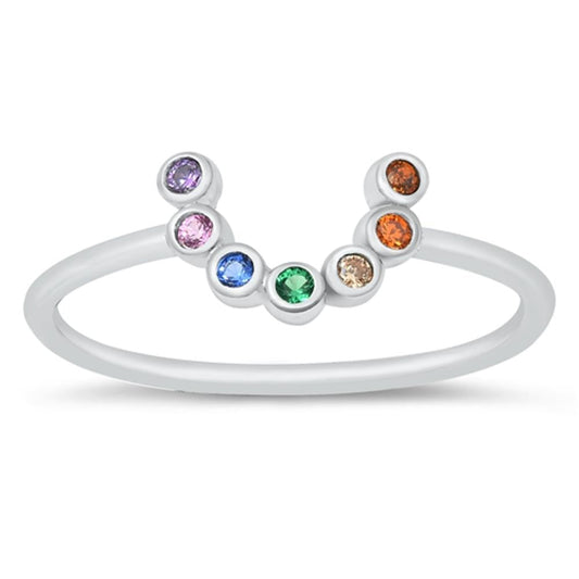 Rainbow CZ Horseshoe Circle Dainty Ring New .925 Sterling Silver Band Sizes 4-10