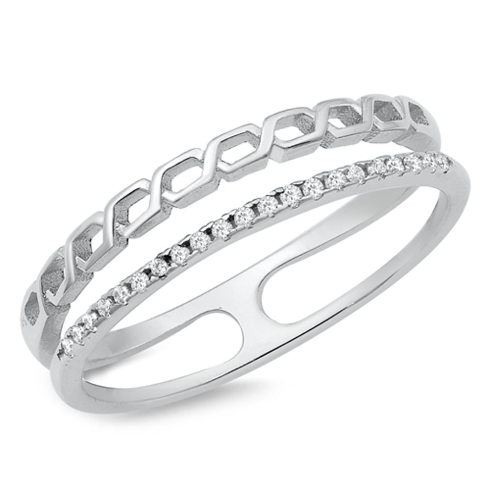 Chain Link Clear CZ Polished Ring .925 Sterling Silver Double Band Sizes 5-10