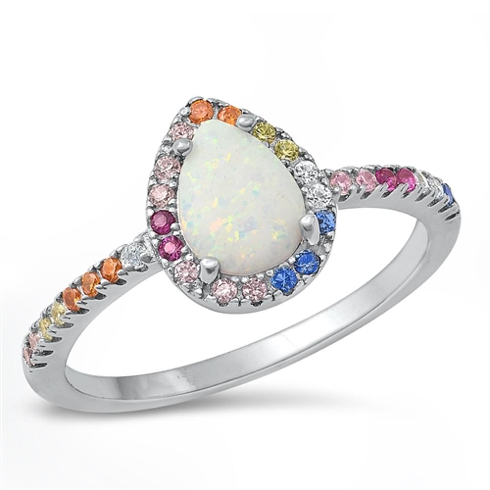 Sterling Silver White Lab Opal Rainbow CZ Ring