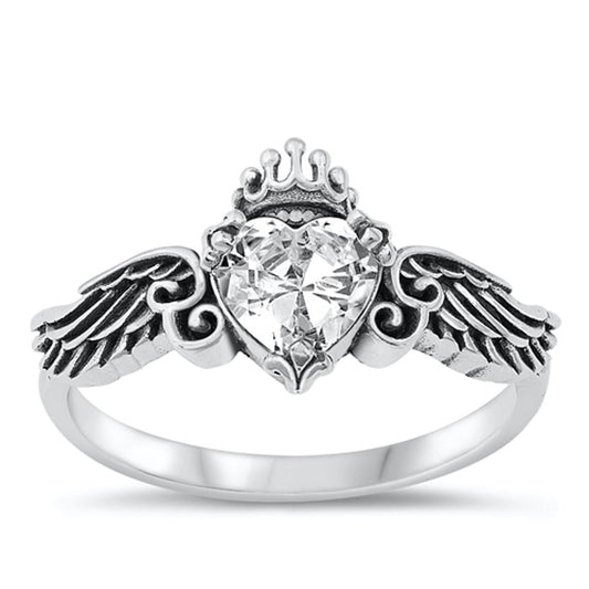 Sterling Silver White CZ Heart Angel Wings Ring