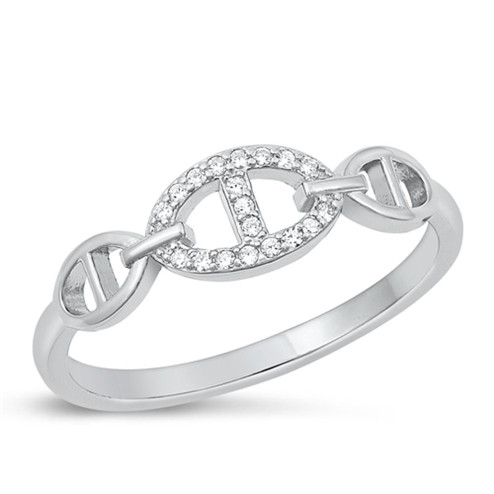 Sterling Silver White CZ Anchor Link Ring