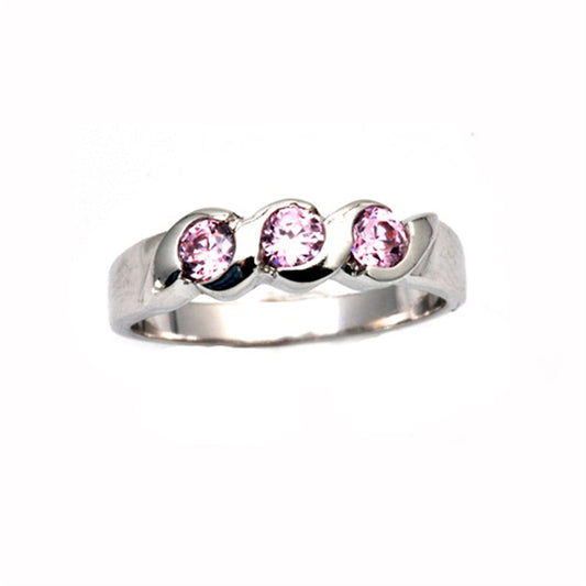 Pink CZ Fashion Triple Studded Promise Ring New .925 Sterling Silver Band Sizes 2-4