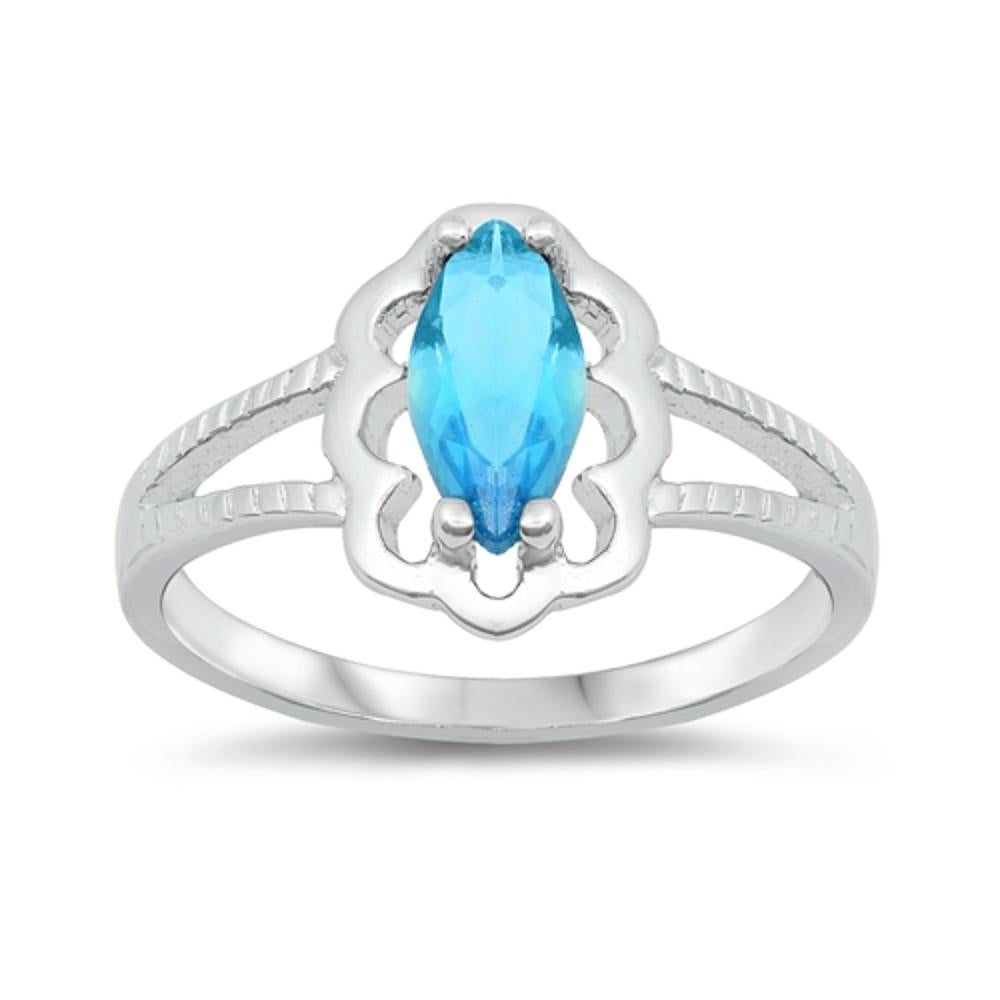 Blue Topaz CZ Marquise Solitaire Flower Ring 925 Sterling Silver Band Sizes 1-6