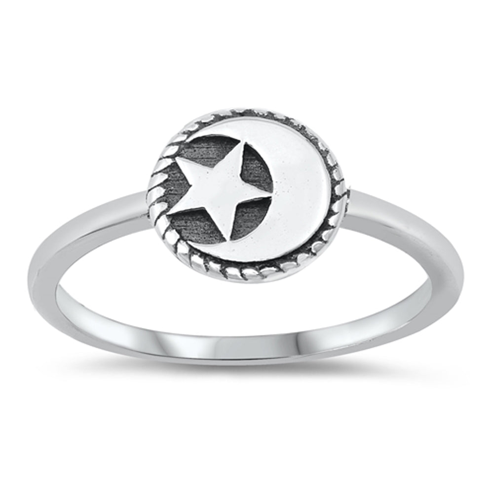 Crescent Moon Star Rope Circle Ring New .925 Sterling Silver Band Sizes 1-5