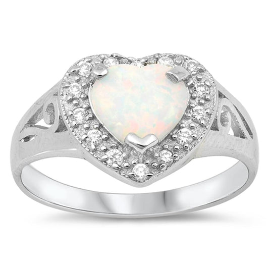 Heart White Lab Opal Halo Clear CZ Ring New .925 Sterling Silver Band Sizes 5-10