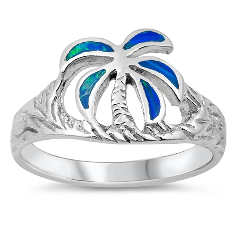 Blue Lab Opal Palm Tree Cutout Tropical Ring 925 Sterling Silver Band Sizes 5-9