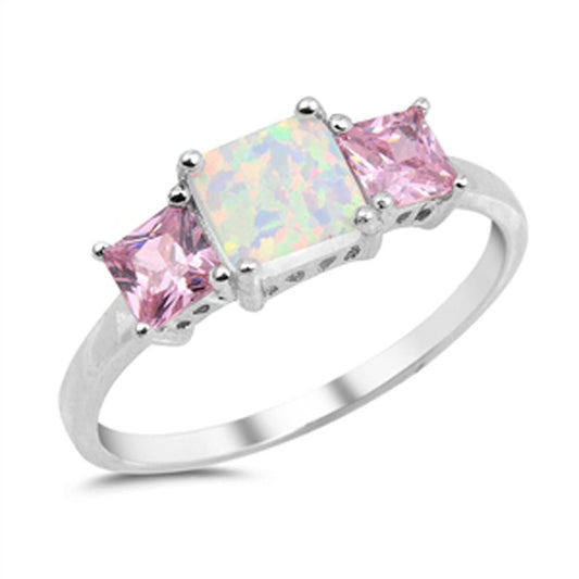 Square White Lab Opal Pink CZ Cute Ring New .925 Sterling Silver Band Sizes 4-12