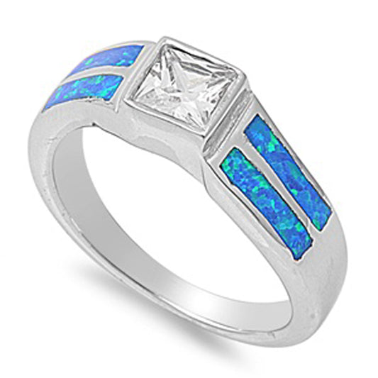 Blue Lab Opal Unique Polished Square Ring .925 Sterling Silver Band Sizes 6-9