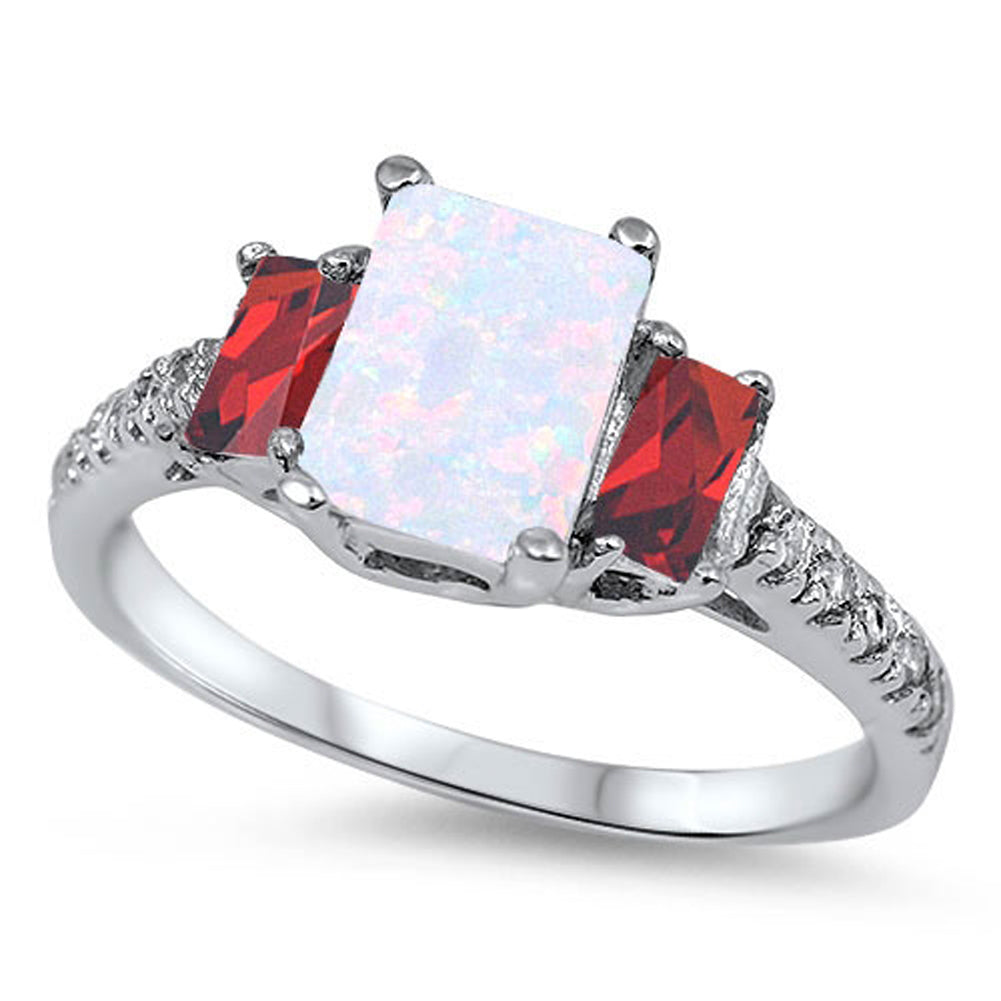 Rectangle Garnet CZ White Lab Opal Trendy Ring Sterling Silver Band Sizes 5-12