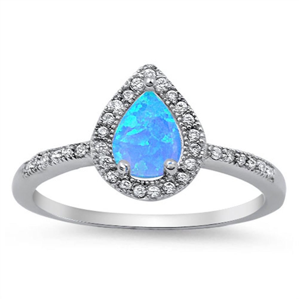 Blue Lab Opal Cute Teardrop Halo Polished Ring Sterling Silver Band Sizes 5-10