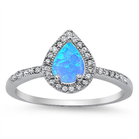 Blue Lab Opal Cute Teardrop Halo Polished Ring Sterling Silver Band Sizes 5-10