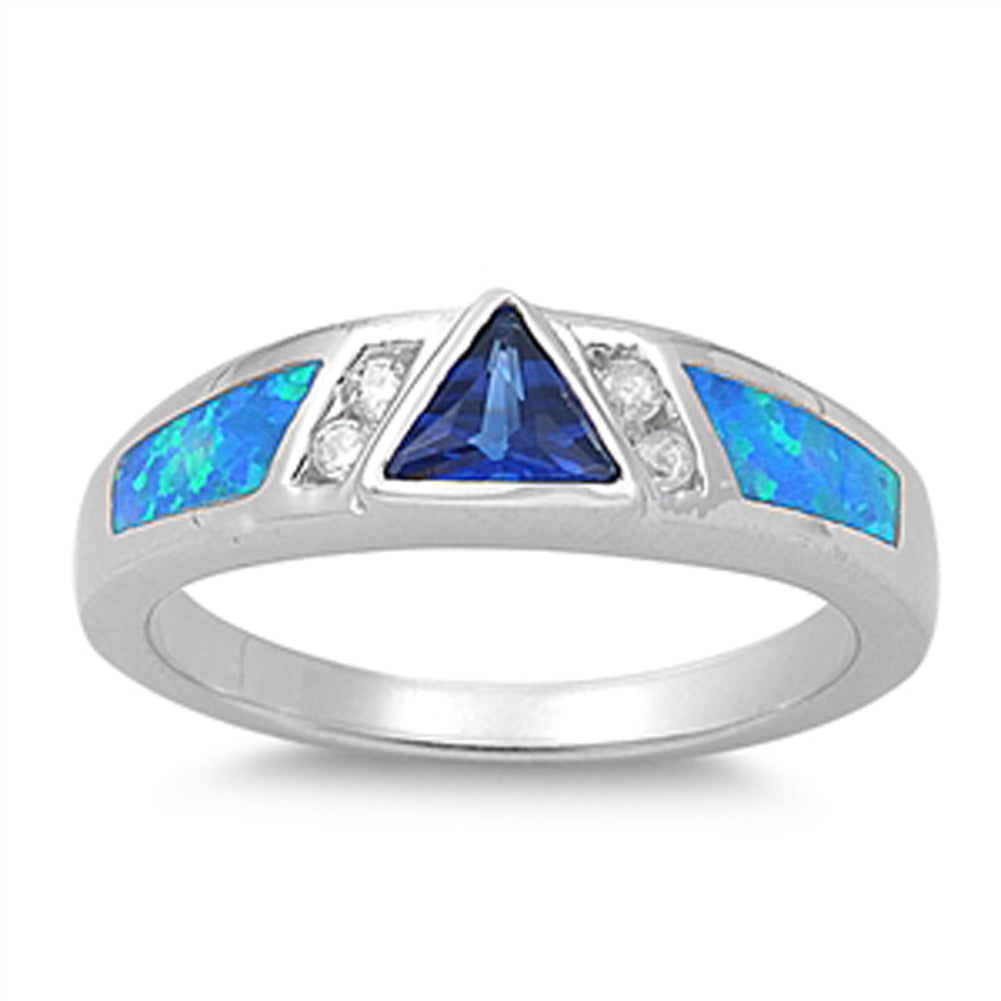 Triangle Blue CZ Lab Opal Accent Ring New .925 Sterling Silver Band Sizes 5-9