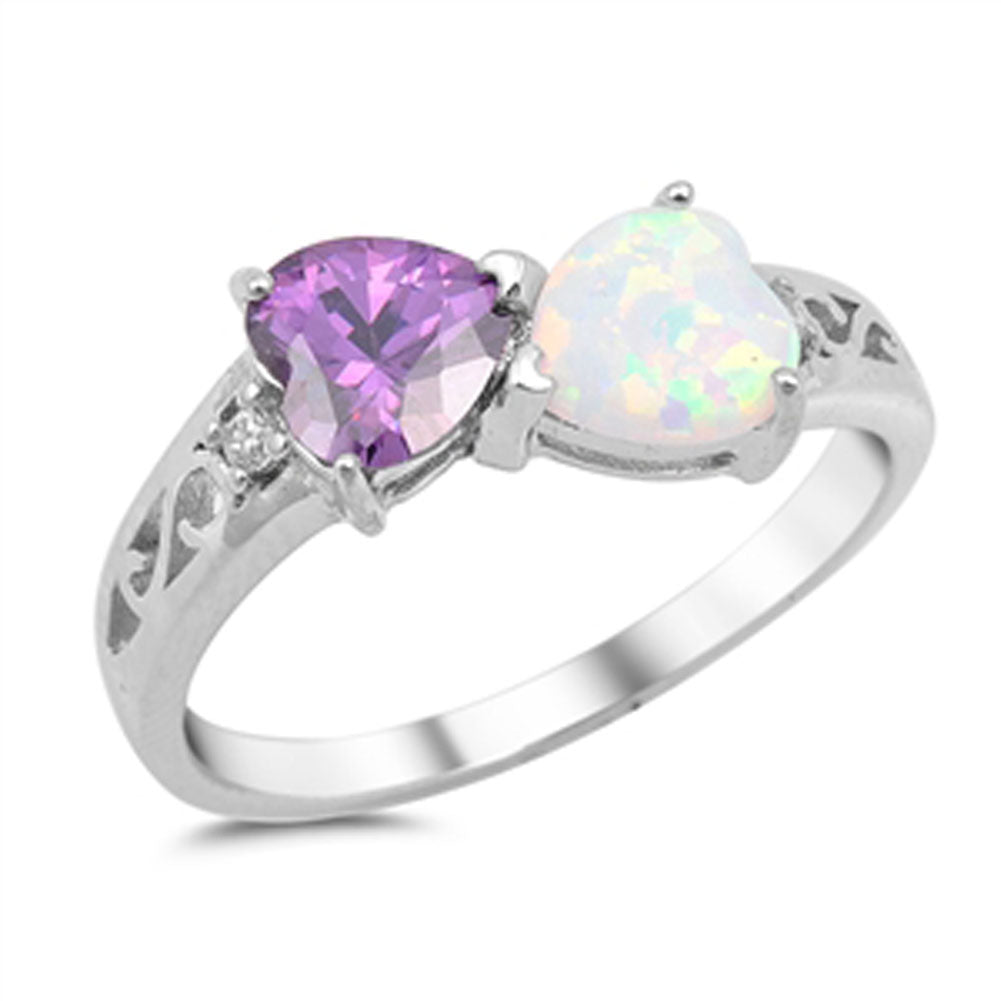 Heart Amethyst CZ White Lab Opal Promise Ring .925 Sterling Silver Sizes 4-12