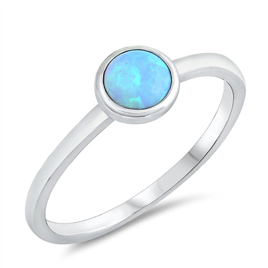 Light Blue Lab Opal Round Bezel Solitaire Ring Sterling Silver Band Sizes 3-13