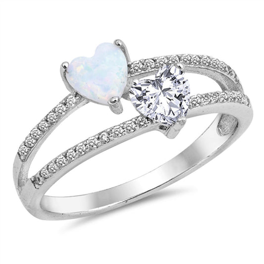 Clear CZ White Lab Opal Heart Promise Ring .925 Sterling Silver Band Sizes 5-10