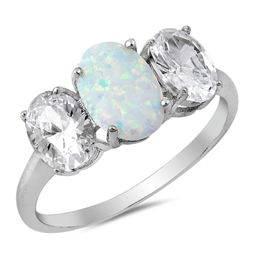 Clear CZ White Lab Opal Triple Oval Ring .925 Sterling Silver Band Sizes 5-10