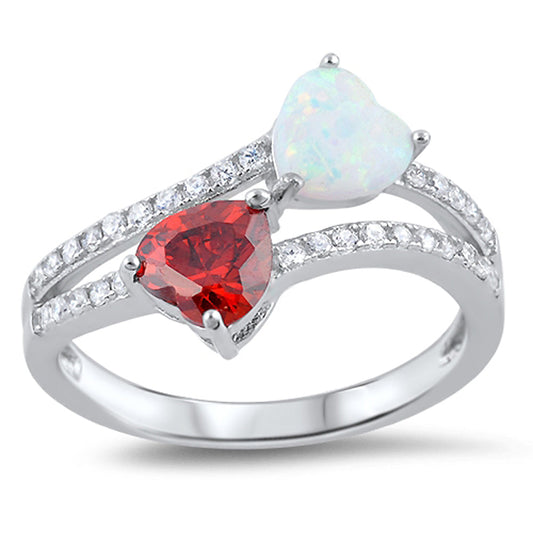 Garnet CZ White Lab Opal Double Heart Ring .925 Sterling Silver Band Sizes 5-10