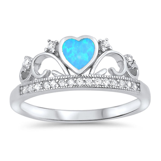 Blue Lab Opal Heart Tiara Crown Promise Ring 925 Sterling Silver Band Sizes 4-12