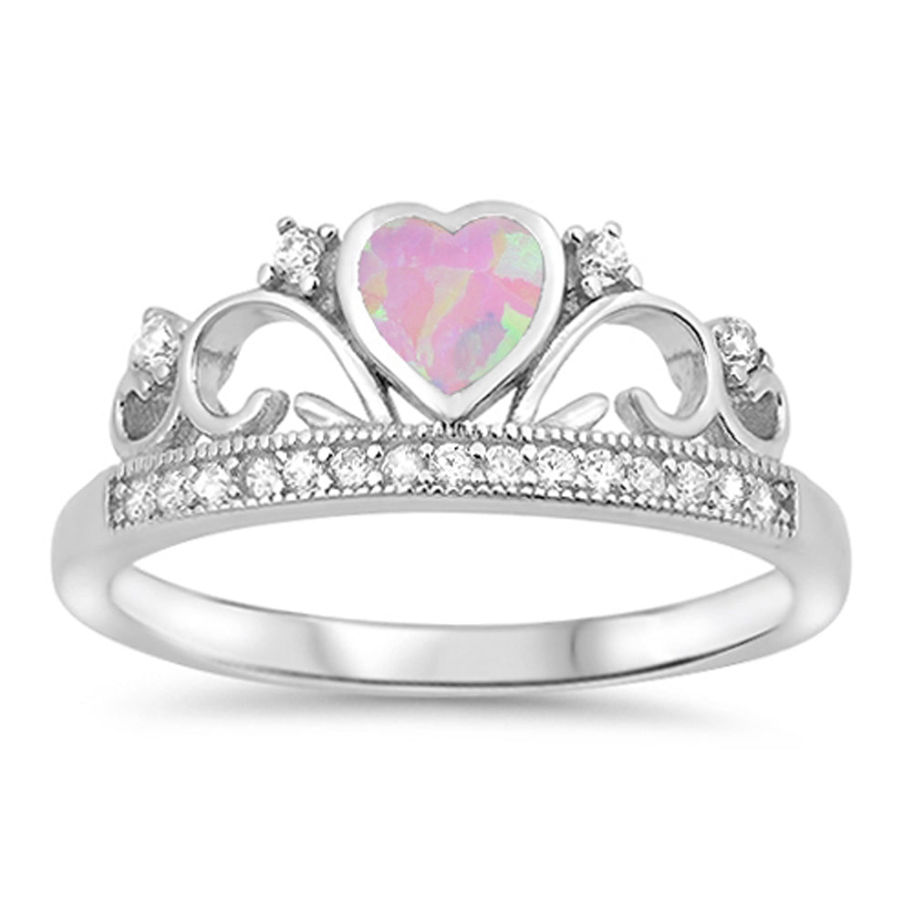 Pink Lab Opal Heart Crown Swirl Promise Ring 925 Sterling Silver Band Sizes 5-10