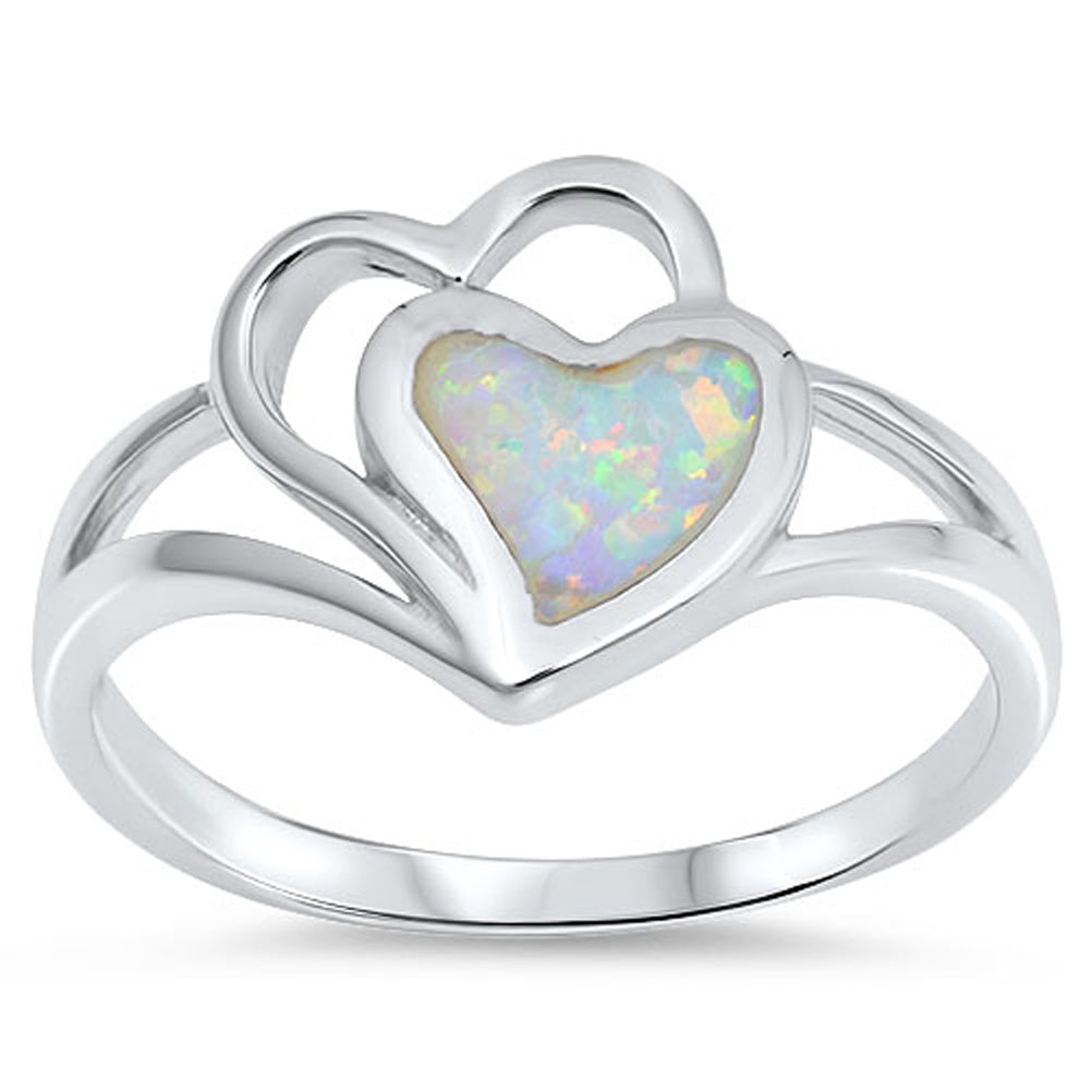 White Lab Opal Love Heart Promise Ring New .925 Sterling Silver Band Sizes 4-10