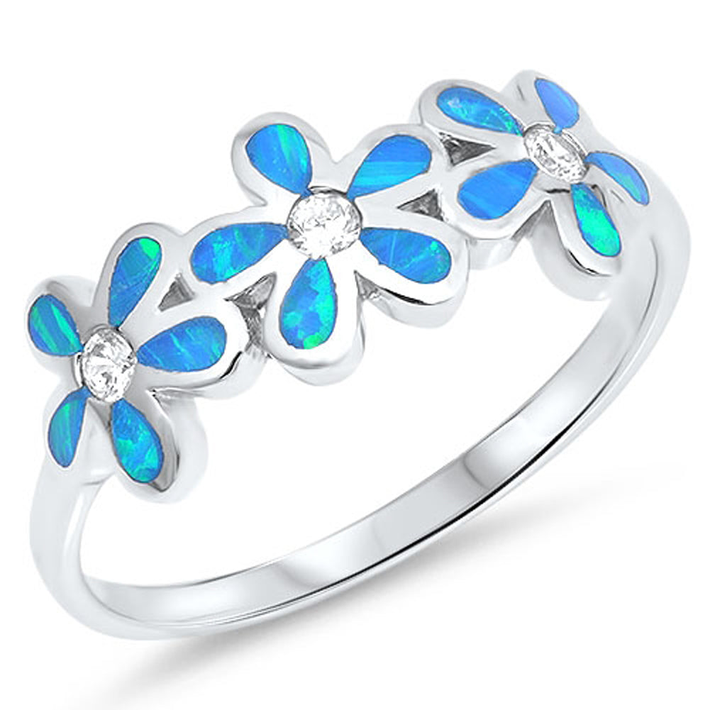 Clear CZ Blue Lab Opal Plumeria Flower Ring .925 Sterling Silver Band Sizes 4-12