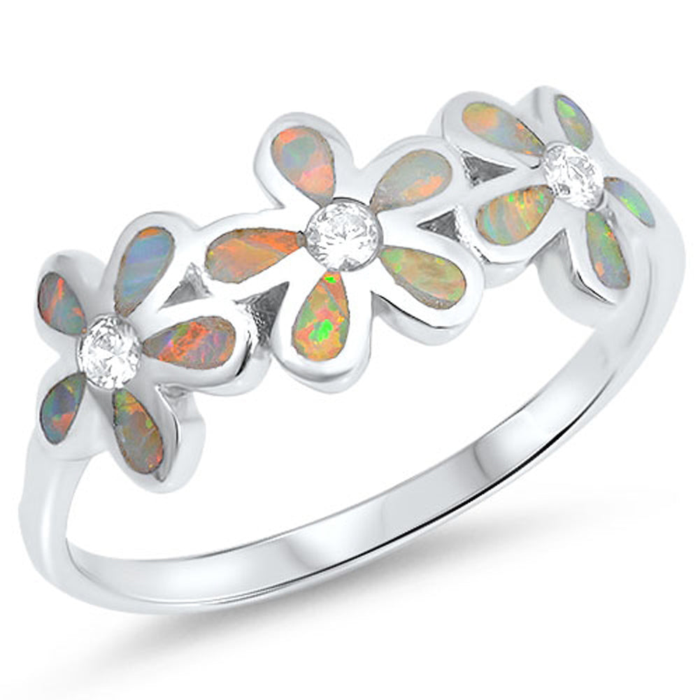 Clear CZ White Lab Opal Plumeria Flower Ring 925 Sterling Silver Band Sizes 4-12