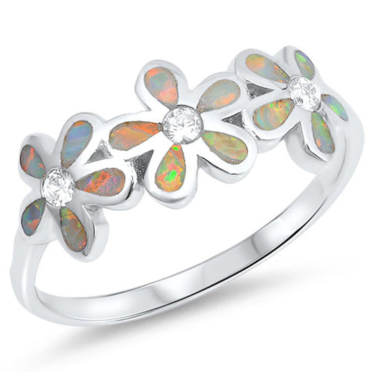 Clear CZ White Lab Opal Plumeria Flower Ring 925 Sterling Silver Band Sizes 4-12