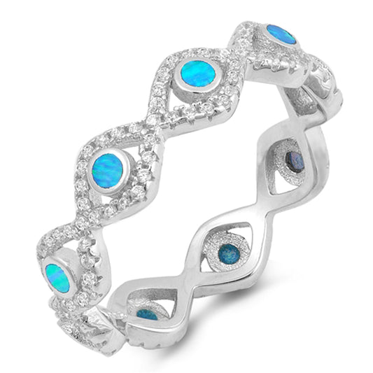 Eternity Evil Eye Clear CZ Blue Lab Opal Ring Sterling Silver Band Sizes 4-10