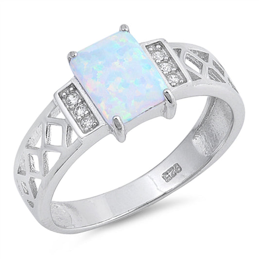 Rectangle White Lab Opal Filigree Ring New .925 Sterling Silver Band Sizes 5-10