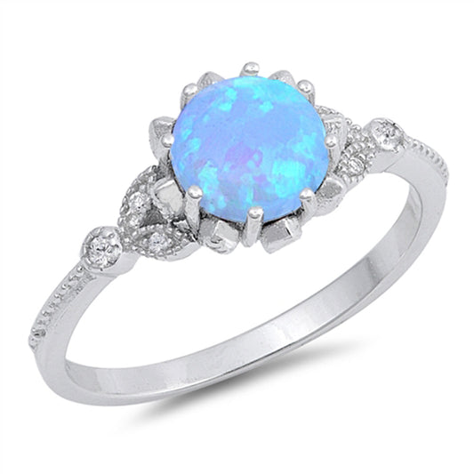 Round Blue Lab Opal Flower Design Ring New .925 Sterling Silver Band Sizes 4-12