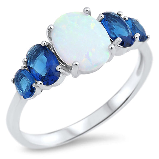 Blue Sapphire CZ White Lab Opal Oval Ring .925 Sterling Silver Band Sizes 4-10