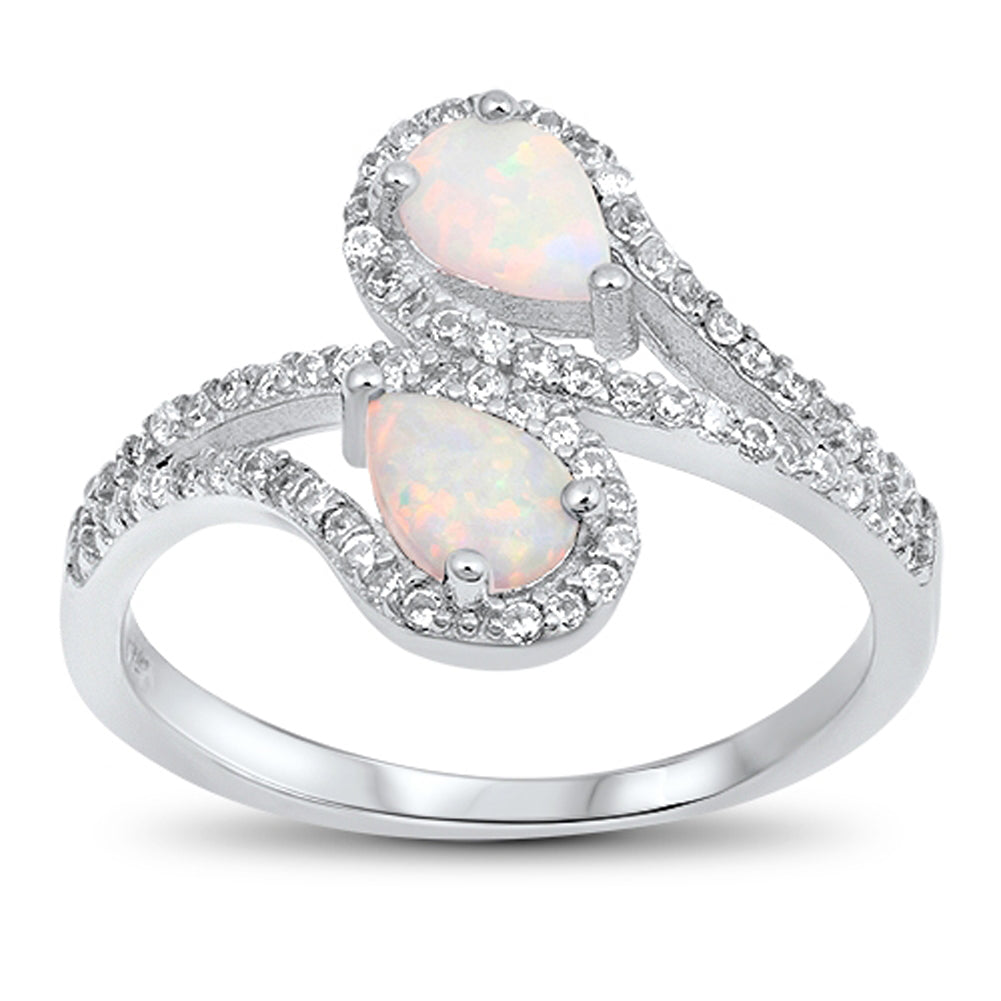 Clear CZ Teardrop White Lab Opal Halo Ring .925 Sterling Silver Band Sizes 5-10