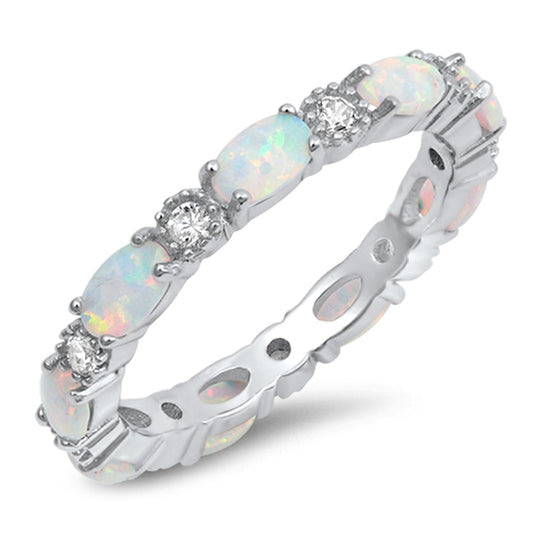 Clear CZ Oval White Lab Opal Ring Sterling Silver Stackable Love Band Sizes 4-10