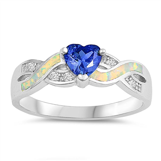 Blue Sapphire CZ White Lab Opal Heart Infinity Sterling Silver Ring Sizes 4-10