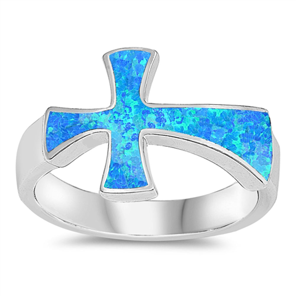 Blue Lab Opal Large Wide Heavy Cross Ring .925 Sterling Silver Band Sizes 5-10