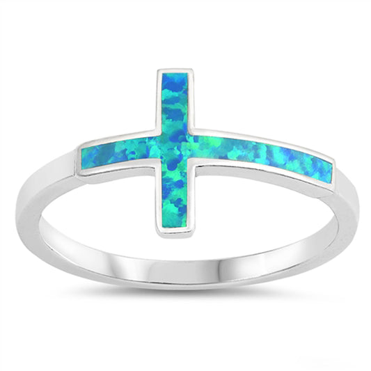 Blue Lab Opal Sideways Cross Christian Midi Ring Sterling Silver Band Sizes 5-10