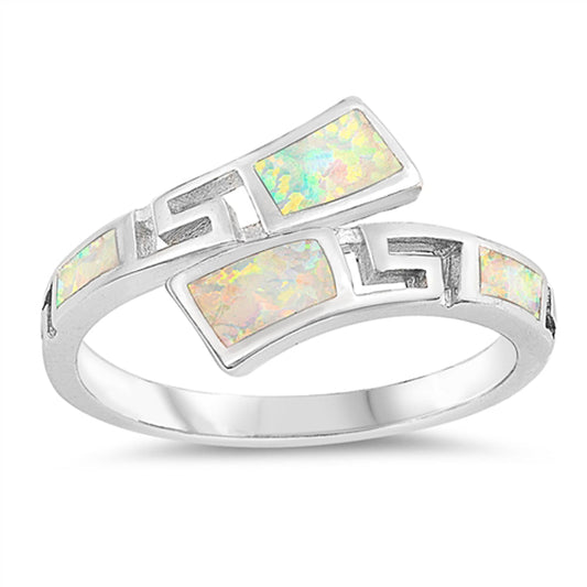 White Lab Opal Greek Key Cutout Wave Ring .925 Sterling Silver Band Sizes 5-10